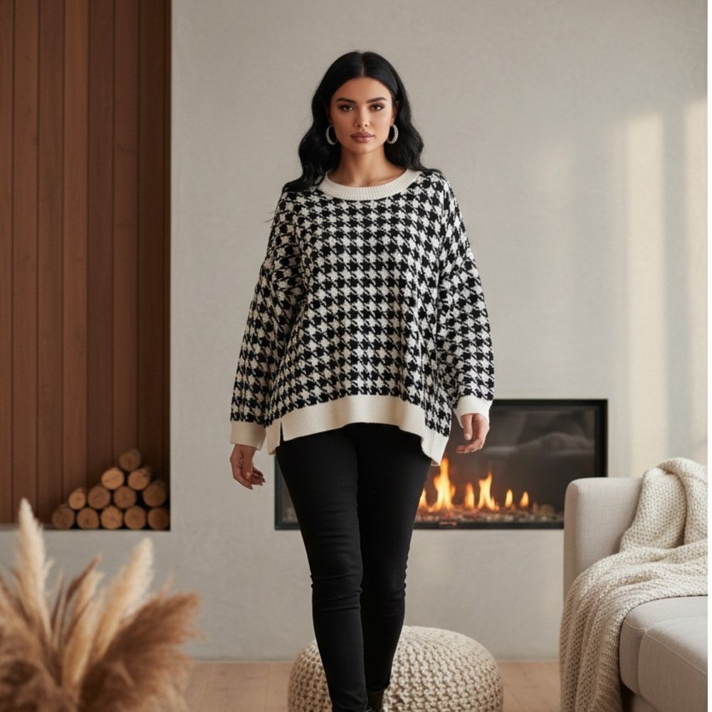 Joseph A Size 3X Houndstooth Pullover Sweater Black Ivory Office‎ Siren Goth NWT